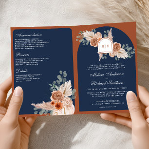 Convite Terracota Floral Pampas Azul Marinho Código QR Cas