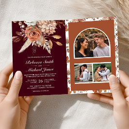 Convite Terracotta Floral Burgundy QR Code Wedding