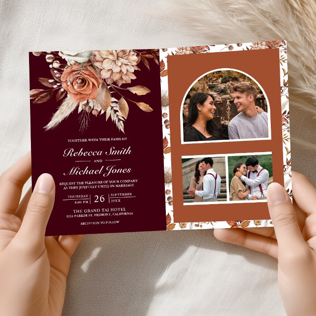 Convite Terracotta Floral Burgundy QR Code Wedding (Criador carregado)