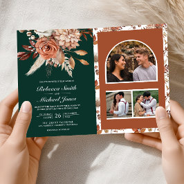 Convite Terracotta Floral Emerald Green QR Code Wedding