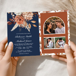 Convite Terracotta Floral Navy Blue QR Code Wedding