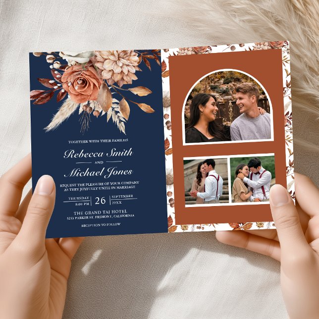 Convite Terracotta Floral Navy Blue QR Code Wedding (Criador carregado)