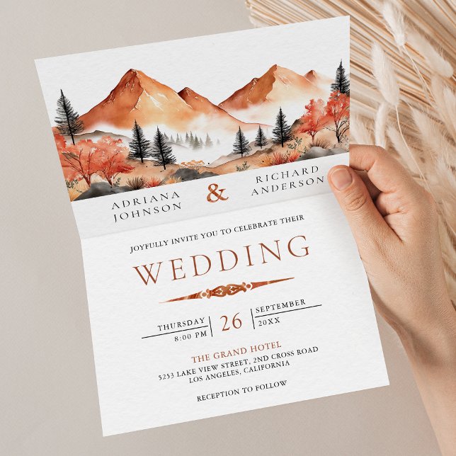 Convite Terracotta Mountain Forest Photo QR Code Wedding (Criador carregado)