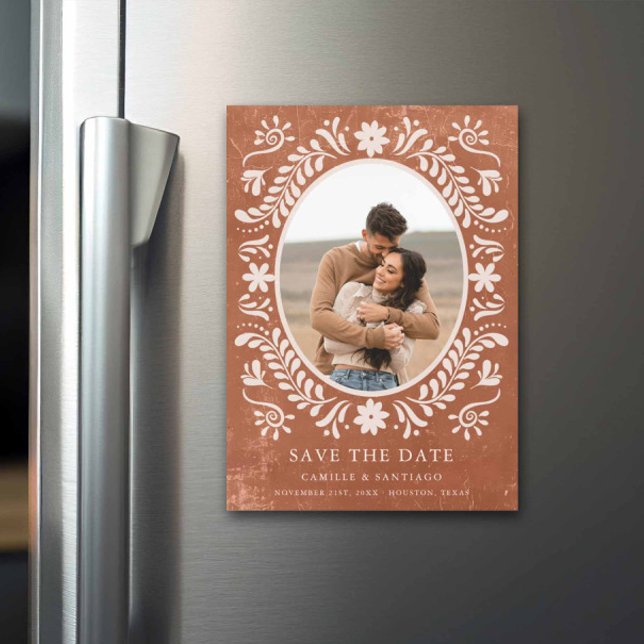 Convite Terracotta Papel Picado Foto Salvar Data (Terracotta Papel Picado Photo Save the Date Magnetic)
