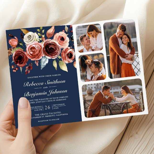 Convite Terracotta Watercolor Floral QR Code Navy Wedding (Criador carregado)