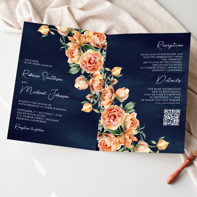 Convite Terroso Floral de Pêssego Azul Marinho Código QR C (Criador carregado)