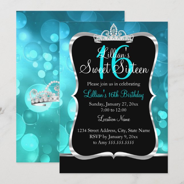 Convite Tiara Azul Turquesa Preto Sweet 16 (Frente/Verso)