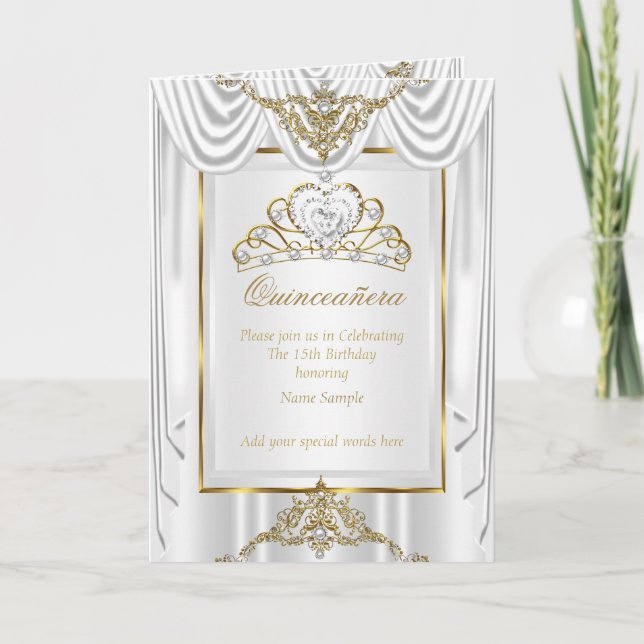 Convite Tiara Elite de Quinceanera de Seda Branca com Péro (Frente)