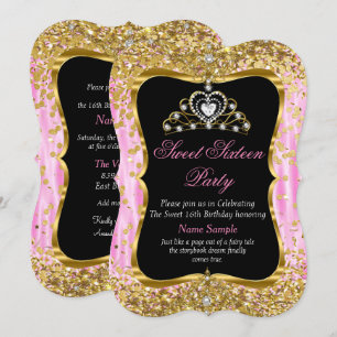 Convite Tiara Princesa Doce 16 Rosa Dourado Preto