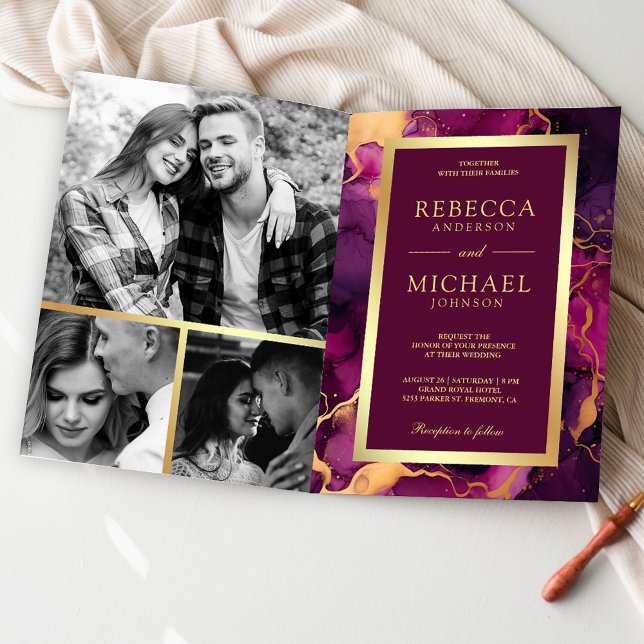 Convite Tinta Fluida Roxo Dourado Ameixa Código QR Casamen (Criador carregado)