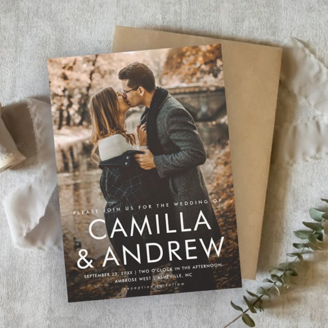 Convite Tipografia Moderna Elegante Casamento Foto  (Simple photo wedding invitation magnet with modern typographic overlay.)