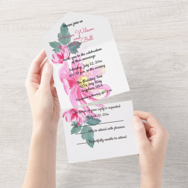 Convite Todo em Um com Rosas Pink Selvagens em Aqu (Aba destacável)