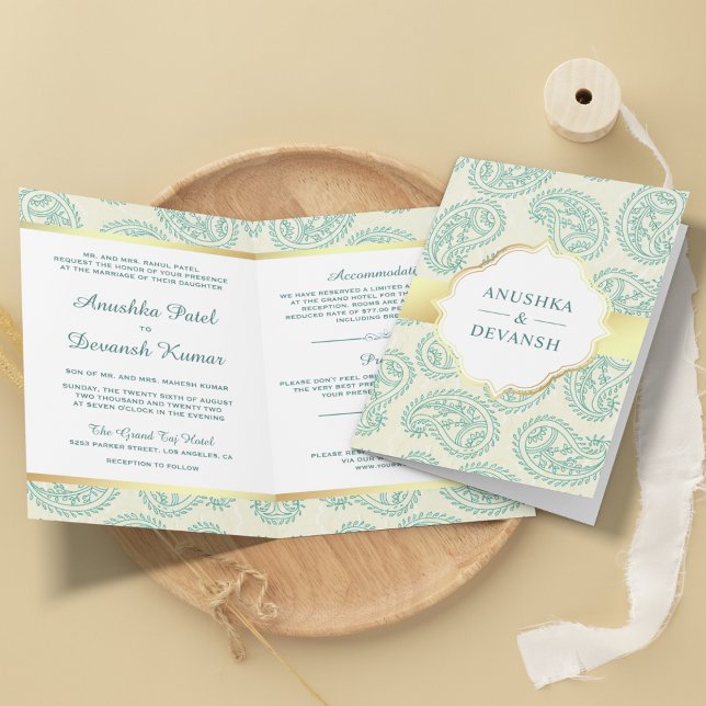 Convite Tonalidade Água e Dourado Paisley Casamento Tradic (Criador carregado)