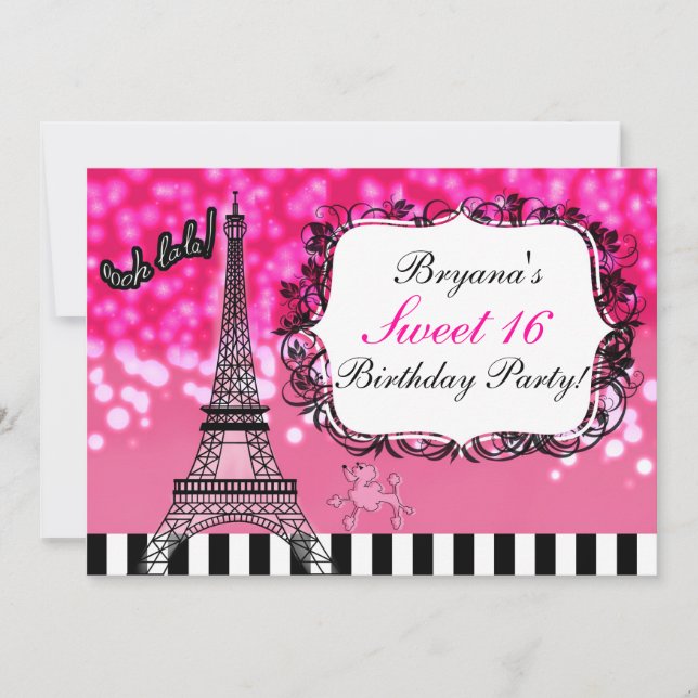 Convite Torre Eiffel Paris Brilho Rosa Vibrante (Frente)