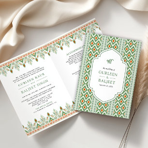 Convite Traje Ikat Verde Tudo em Um Anand Karaj Casamento 