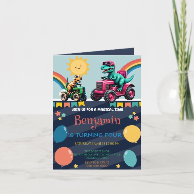 Convite Trator de dinossauro rosa caminhão arco-íris Anive (Frente)