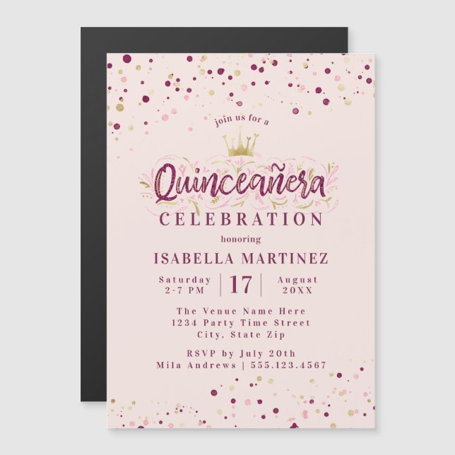 Convite Trendy Blush Burgundy e Confetti Quinceañera Doura (Frente/Verso)