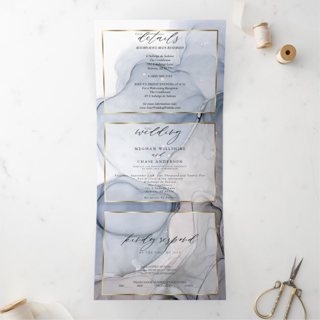 Convite Tri-Dobrável Abstract Ink Azul Poeira Rosa (Dentro)