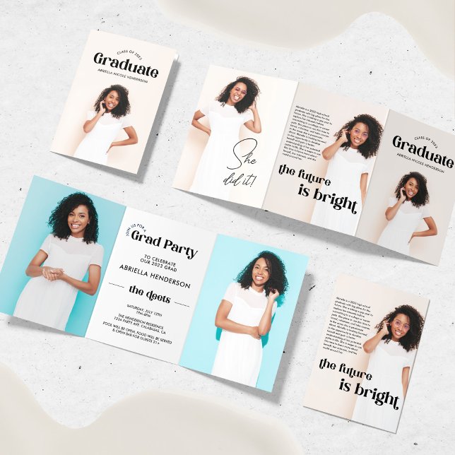 Convite Tri-Fold de Graduação Moderno com 5 Fotos (Criador carregado)