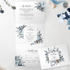 Convite Triplo com Casamento Floral Azul RSVP