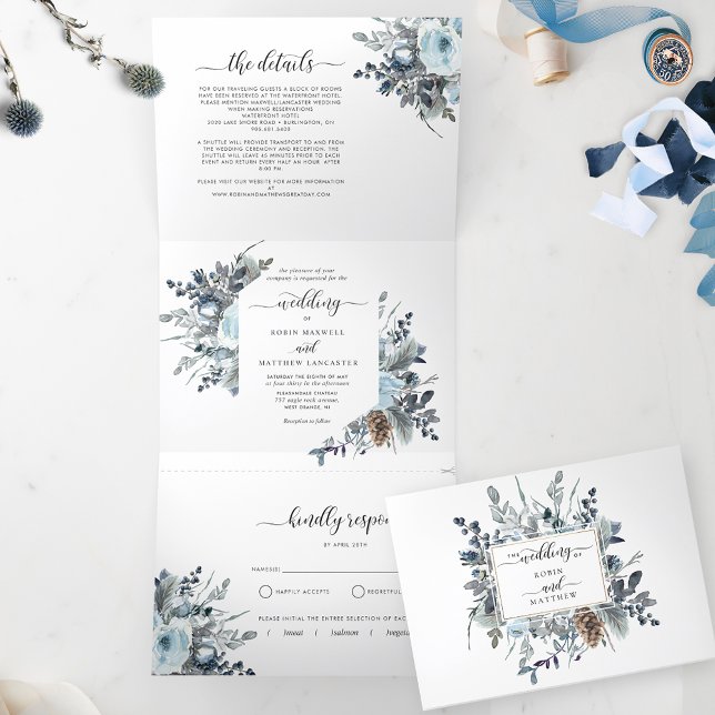 Convite Triplo com Casamento Floral Azul RSVP (Criador carregado)