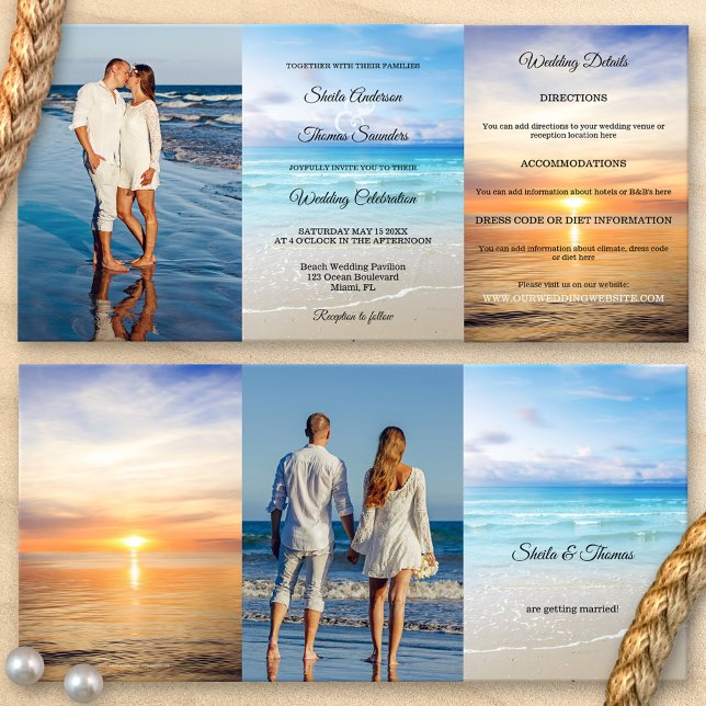 Convite Triplo de Casamento de Destino de Praia (Tri-fold beach destination wedding invitation with your own favorite photos and a colorful beach)