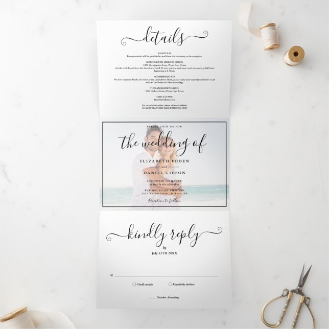 Convite Triplo De Casamento De Fotos De Script Ele (Dentro)