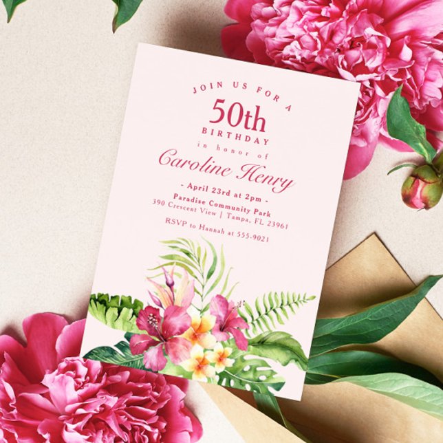 Convite Tropical de Aniversário Rosa (Criador carregado)