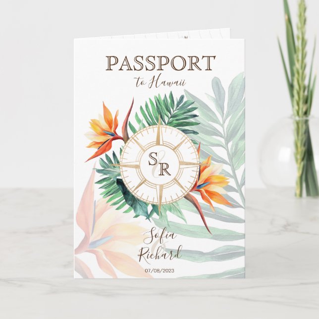 Convite Tropical  Destination Wedding Passport QR Code (Frente)