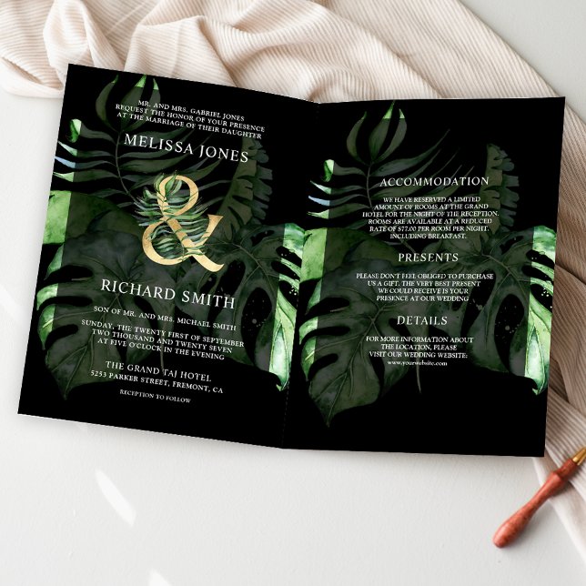 Convite Tropical Gold Monstera Palm Black QR Code Wedding (Criador carregado)