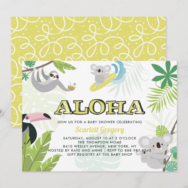 Convite Tropical para Chás de fraldas Aloha Koala (Frente/Verso)