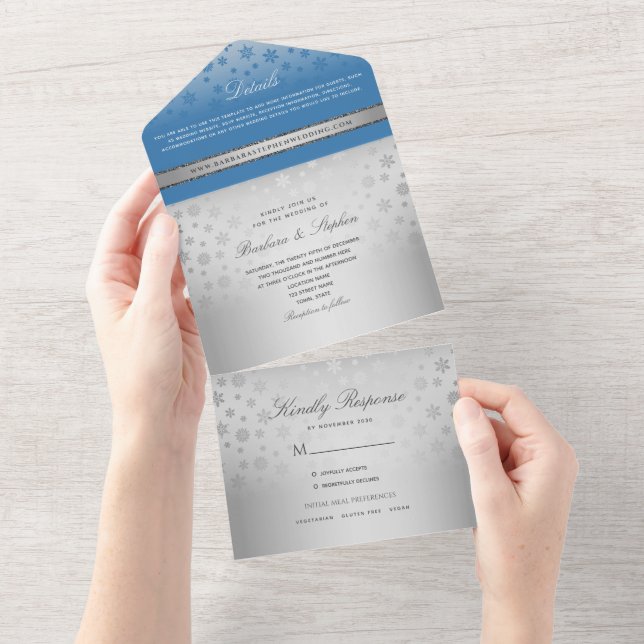 Convite Tudo Em Um Casamento Azul Prata (Aba destacável)