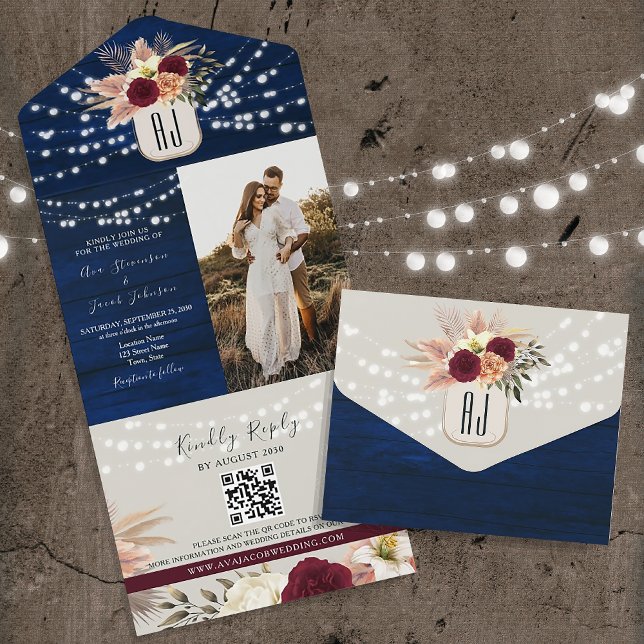 Convite Tudo-em-Um Código QR Rustic Navy (Criador carregado)