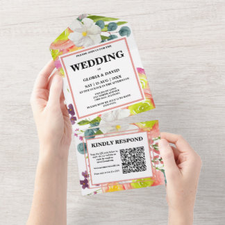 Convite Tudo em Um com Código QR Floral de Primave