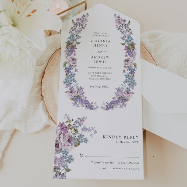 Convite Tudo Em Um Lilás Rústico (Rustic Watercolor Lilac All In One Invitation by Painted Paperie
)