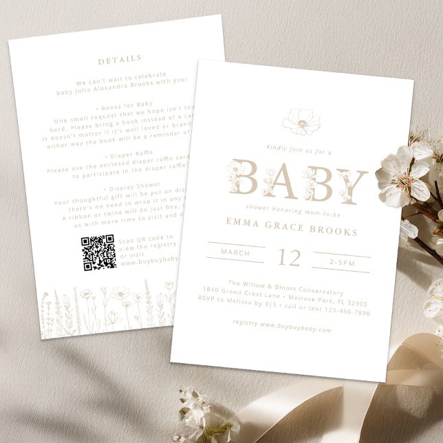 Convite Tudo-em-Um para Chá de Bebê com Flor Silve (Taupe Baby Shower Invite)