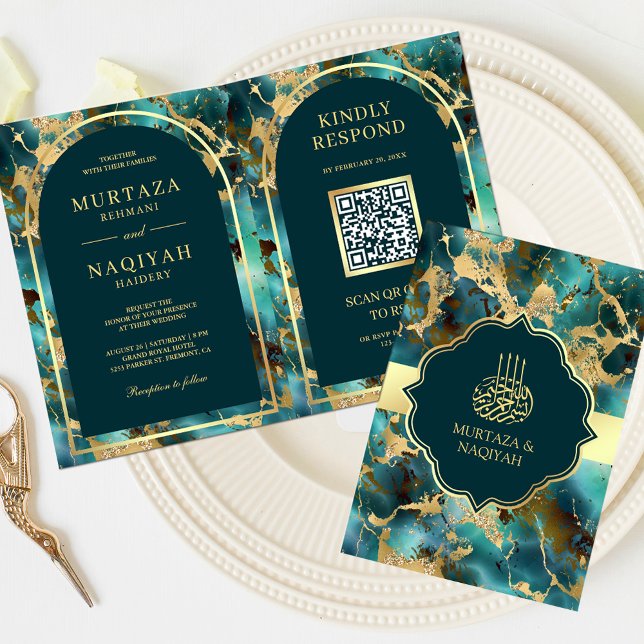 Convite Turquesa Código QR Mármore Dourado Casamento Muçul (Criador carregado)