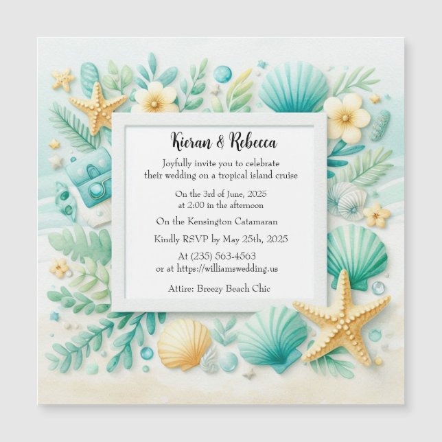 Convite Turquoise Beach Theme Weding Magnetic Invitation (Frente)
