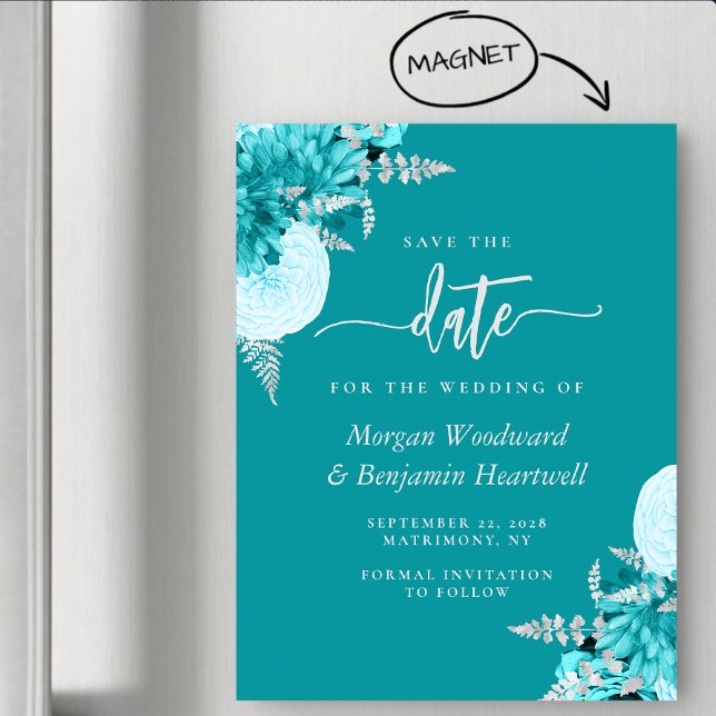 Convite Turquoise Silver Floral Wedding Save the Date (Criador carregado)