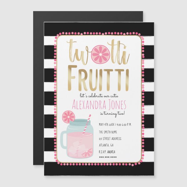 Convite Twotti Fruitti Pink Lemon Black + White Birday (Frente/Verso)