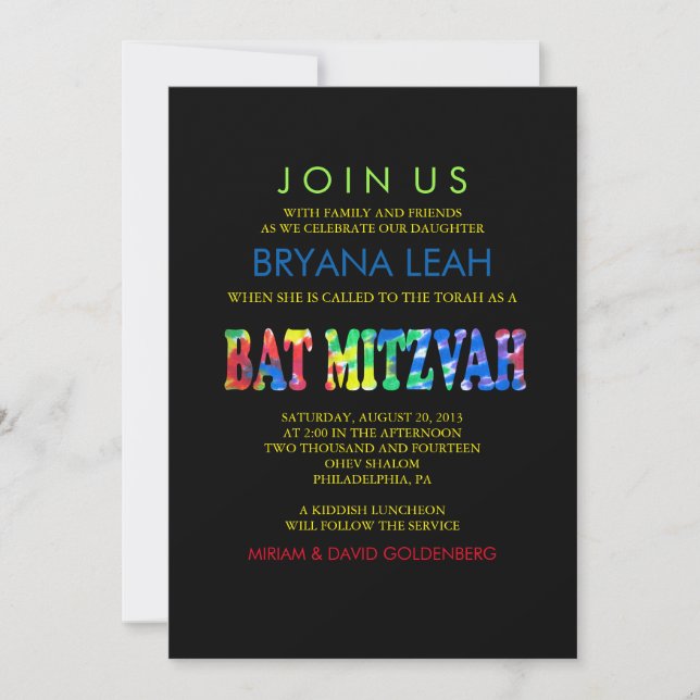 Convite TYE DYE Bat Mitzvah (Frente)