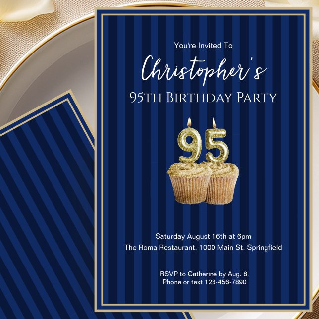 Convite Único de 95º Aniversário Azul Dourado para (Criador carregado)