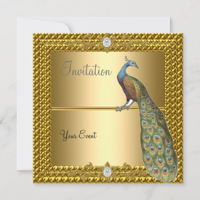 Convite Único e Elegante de Ouro e Pavão (Frente)