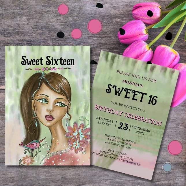 Convite Único para Sweet 16 - Menina da Flor Whims (Unique Sweet 16 Invitation - Whimsical Flower Girl)