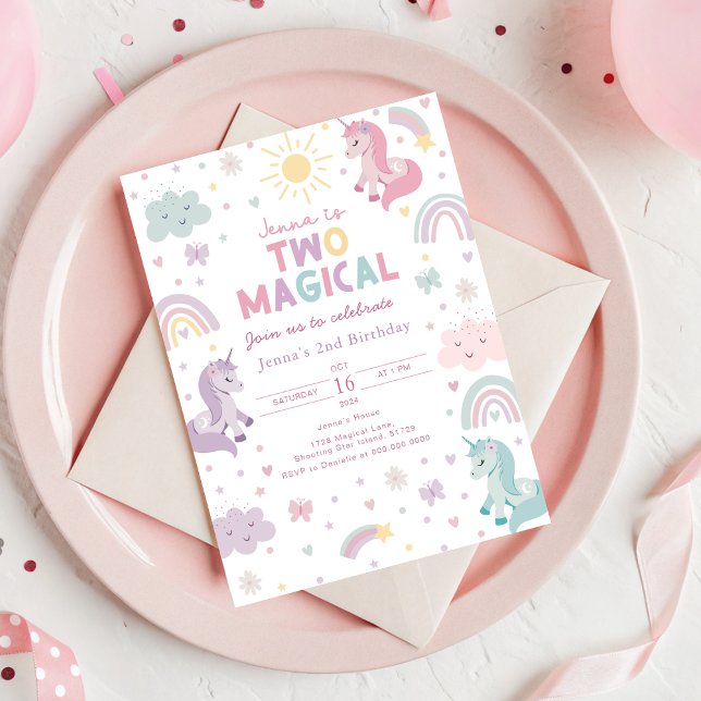 Convite Unicórnio Duas Meninas Mágicas. 2º Anivers (Unicorn 2nd Birthday Invitation)