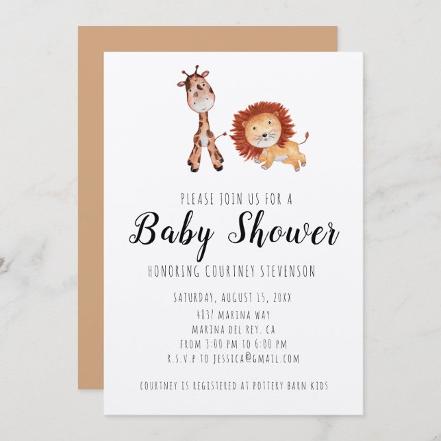 Convite Unisex Giraffe & Lion Chá de fraldas (Frente/Verso)