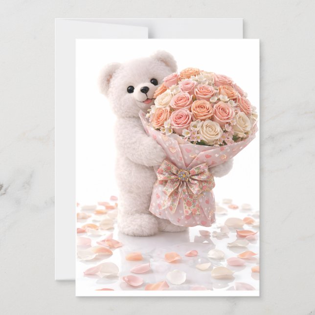 Convite Ursa de pelúcia fofa segurando um buquê de rosas c (Frente)