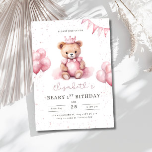 Convite Ursinho Princesa Teddy Beary 1º Aniversário Rosa M