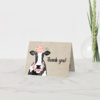 Convite Vaca com Fazenda Floral Crown Watercolor Obrigado