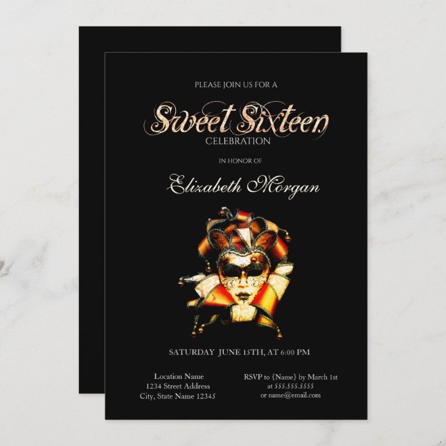 Convite Veneziano Masque Black Sweet 16 Adorável (Frente/Verso)